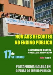 Concentración da Plataforma Galega en Defensa do Ensino Público diante da Consellaría de Educación o Luns 17 coincidindo co inicio do curso en Secundaria